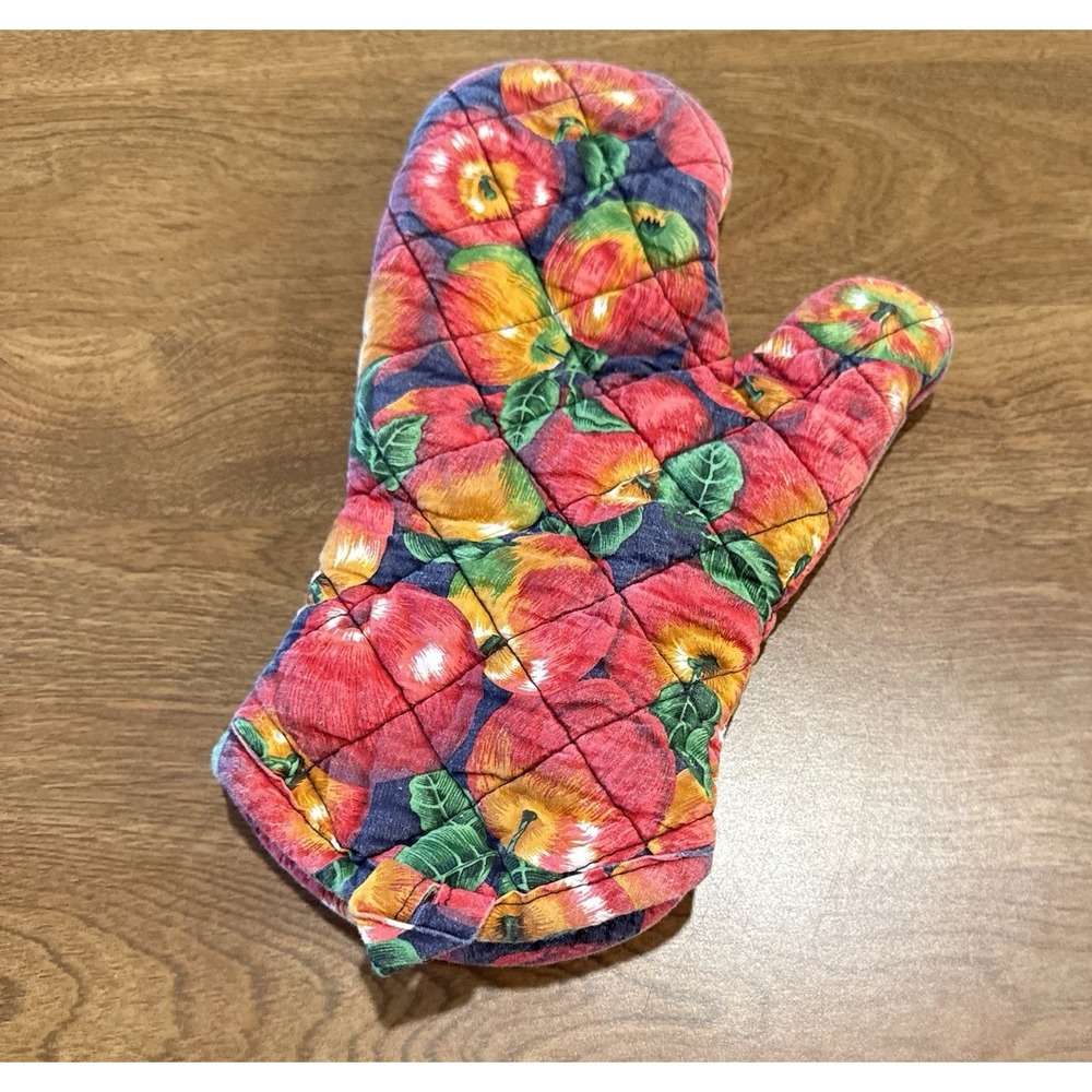 Primitive Farmhouse Oven Mitt Apple Print Cottagecore Country Vintage 80s Red